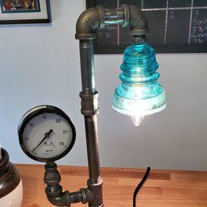 Industrial Steampunk Steel Desk Lamp W/ Vintage Glass Insulator